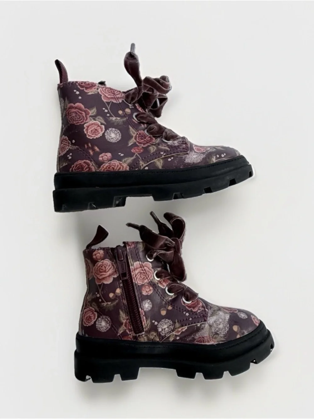 H&M Toddler Girls Floral Combat Boots Sz 6.5 Velvet Ribbon Laces Lug Sole Zipper